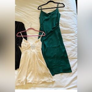 Cream satin mini dress, green satin midi dress,& black romper date night bundle